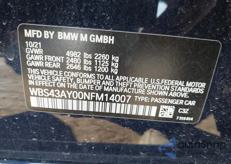 2022 BMW M3 Competition xDrive z USA, uszkodzony, nr VIN WBS43AY00NFM14007